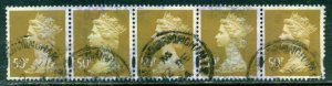 GREAT BRITAIN SG-Y1719, SCOTT # Mh233 STRIP OF 5 MACHIN, USED, GREAT PRICE!