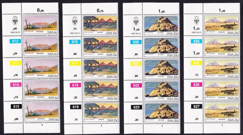 SWA Mountains 4v strips of 5 with Control Numbers and margins SG#398-401