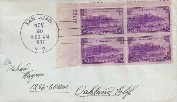 801 3c PUERTO RICO - Plate Block of 4