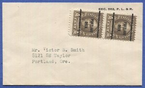 US Sc 653 1/2c Hale pair on cover, Portland, OR Precancel, Type 653-61, VF Used