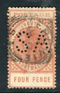 SOUTH AUSTRALIA; Early 1900s QV Stamp Duty ' SA ' Perfin Official 4d. + Postmark