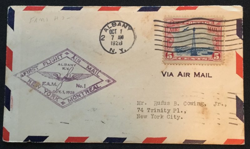 US First Flight Cover FAM 1 10/1/1928 Albany to Montreal Canada #C11 L19