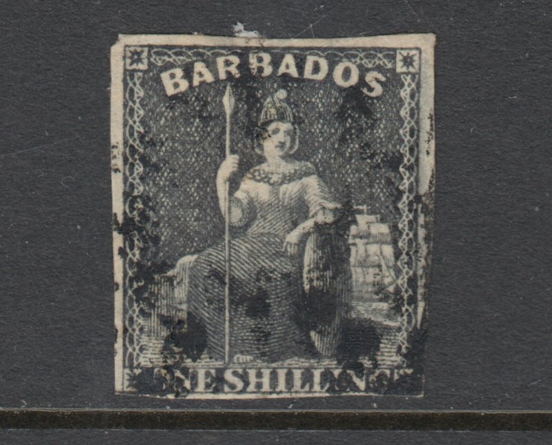 Barbados Sc 9 used. 1859 1sh black Britannia, imperf, unwatermarked, sound, F-VF