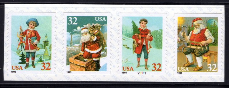 3017a MNH coil strip of 4, 1995 Christmas stamps, w/ plate #, (3014-3017)