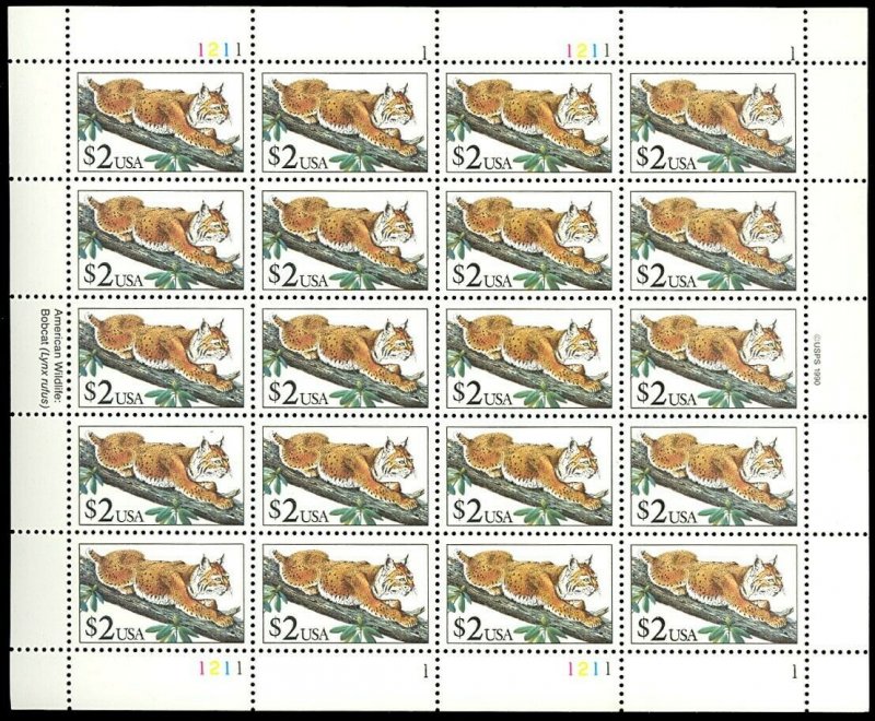 Scott 2482 $2 Bobcat Full Sheet of 20 Stamps Mint NH - Stuart Katz 