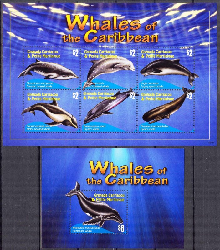 Grenada Carriacou & Petite Martinique 2010 Marine Life Whales sheet + S/S MNH