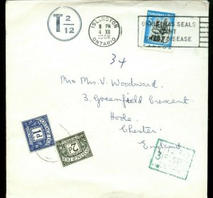 1968 5c Xmas stamp short-paid T2/12 POSTAGE DUES tied GB, Canada cover