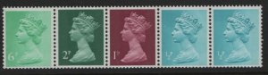 Great Britain 1975 MNH Sc MH58b Coil strip of 5 QEII Machin 6p, 2p, 1p, 1/2p (2)