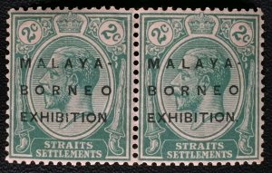 Malaya-Borneo Exhibition opt Straits Settlements KGV 2c pair MSCA MLH No Stop