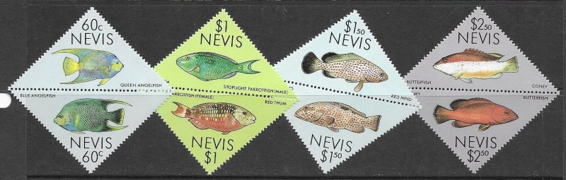 Nevis 544-7 MNH Fish cpl. set X 10 sets, vf.   2022 CV $67.00