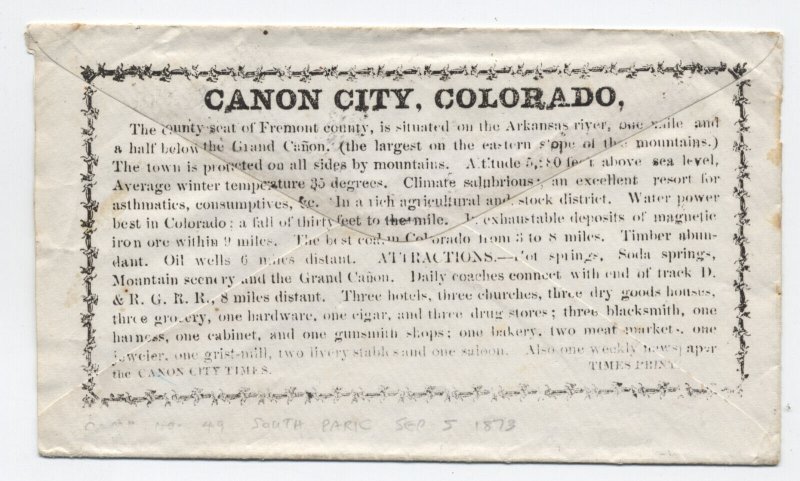 1870s Cannon City CO 3ct banknote x2 allover reverse civic ad cover [6131.27]