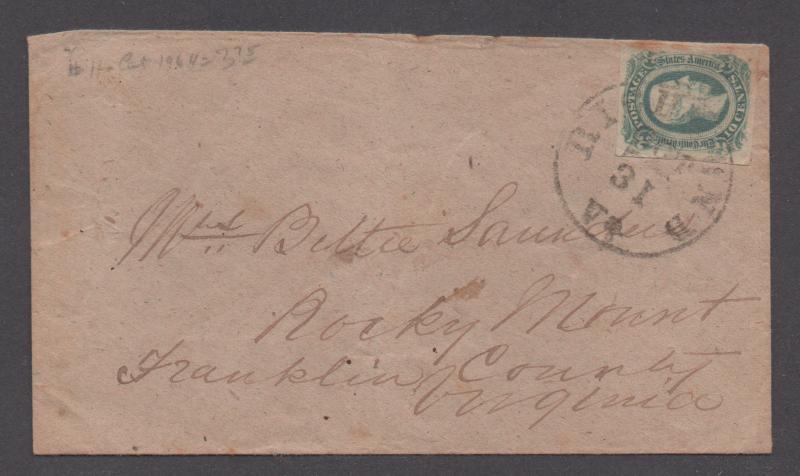 **CSA Cover, SC# 12 Tied by Black CDS, Richmond, VA 10/31/1863,4