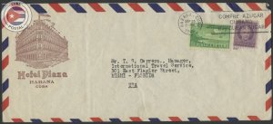 Cuba 1946 Hotel Plaza of Havana Cover to Int. Travel Service of Miami | CU20386