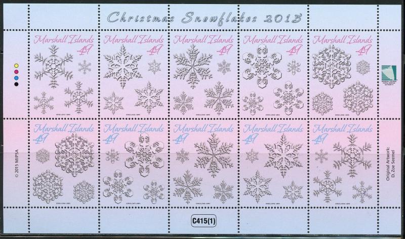 MARSHALL ISLANDS 2015 CHRISTMAS SNOWFLAKES SHEET OF TEN  MINT NEVER HINGED 