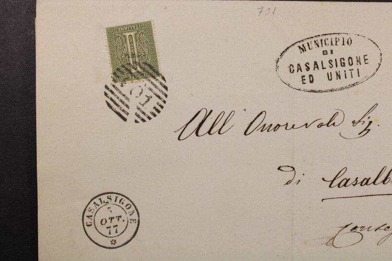 Italy 1877 Rural Cover Casalsigone to Casalbuttano / Numeral 701 Cancel - T297
