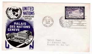 United Nations 1954 FDC Sc 27 Ken Boll Cachet Craft Palais des Nations Geneve