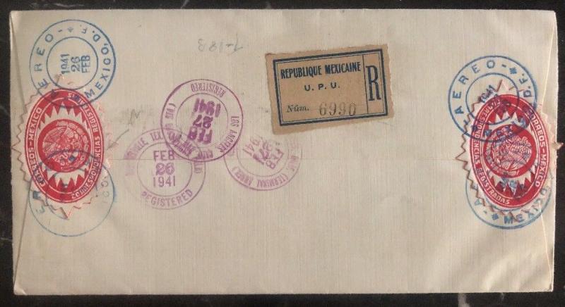 1941 Mexico City Mexico Cover Complete Stamp Set Registered Mail Seal