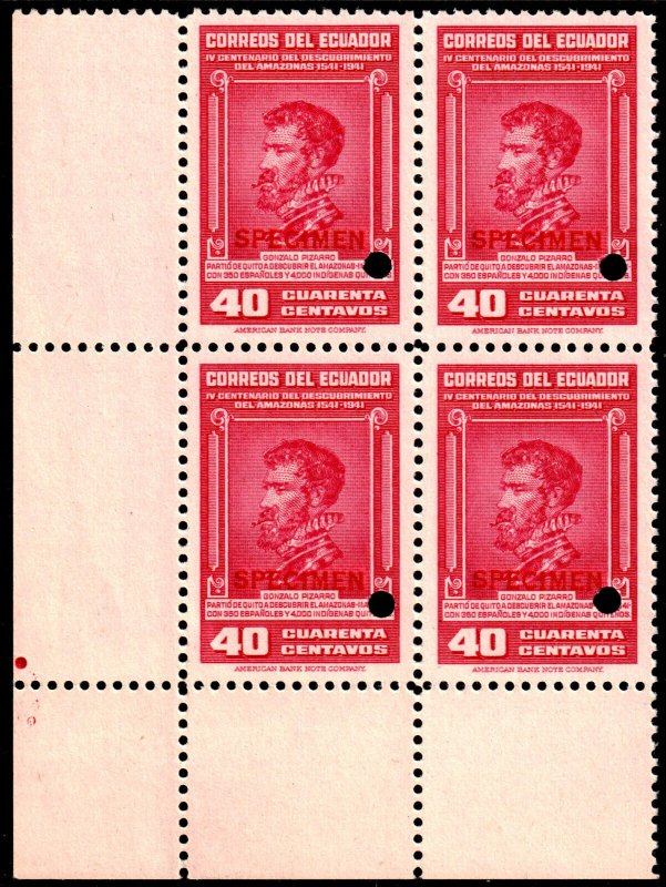 ✔️ ECUADOR 1942 - GONZALO PIZARRO - SPECIMEN & PUNCH  BL/4 SC. 401 MNH [032]