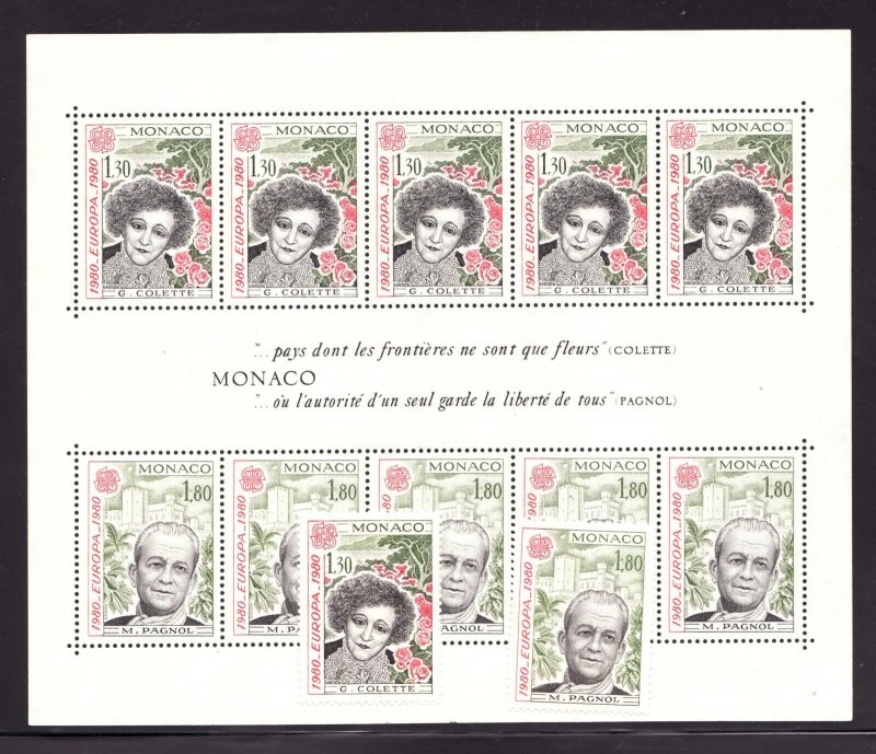1980 - #1227-28 & #1228a Monaco Souvenir Sheet C. Colette, M.Pagnol  cv$17.50