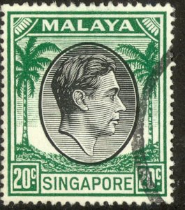 SINGAPORE 1949-52 KGVI 20c Perf. 18 Portrait Issue Sc 12a VFU