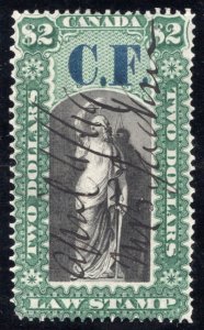 van Dam OL12, $2 Used, C.F. o/p, Ontario Law Revenue Stamp, Canada