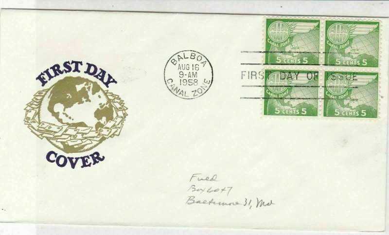 Canal Zone 1958 Balboa Cancel Globe+ Wing FDC Stamps Block Cover Ref 25165 