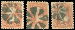 Scott #94, LOT/3 Different CIRCLE of WEDGES & TEARS Fancy Cancels!