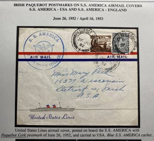 1952 Cork Paquebot Ireland Airmail Cover To Detroit MI USA SS America