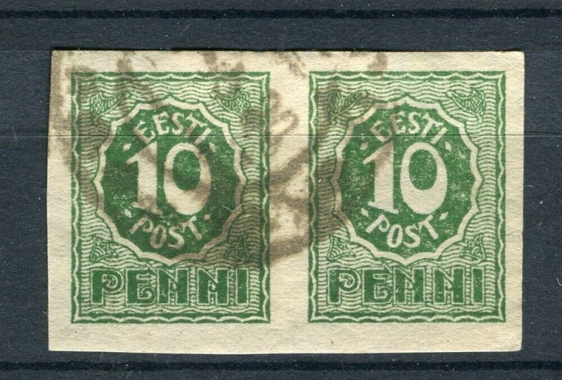 ESTONIA; 1919 early Pictorial Imperf issue fine used 10p. POSTMARK Pair