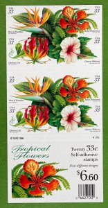 Scott 3310-3313 TROPICAL FLOWERS Pane of 20 US 33¢ Stamps MNH 1999