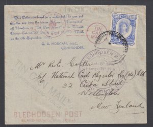 Tonga Sc 58 on 1937 Tin Can Canoe Mail cover, Niuafoou to Wellington NZ