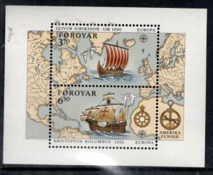 FAROE ISLANDS 238 MNH VF S/S Viking & Columbus ships discovering Americas