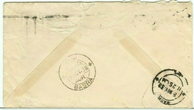 25c half ounce Airmail rate via Alexandria to IRAQ, 1938 cover Canada