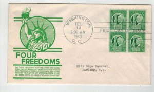 WW2 Patriotic FDC 1943 THE FOUR FREEDOMS 908-12 Anderson In Green Block of 4