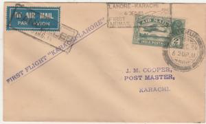 INDIA PAKISTAN 1934 KGV 1ST FLIGHT COVER KARACHI - LAHORE