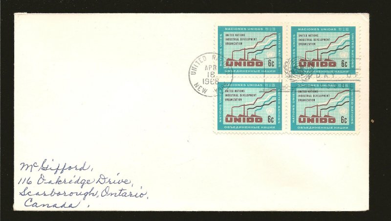 United Nations 185 Factories Block of 4 1968 First Day Cover