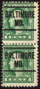 1917, US 1c, Washington, Used pair, Baltimore precancel, Sc 498