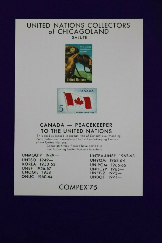 COMPEX 1975 UN Chicago-land Philatelic reprint 439 Canada flag Souvenir card