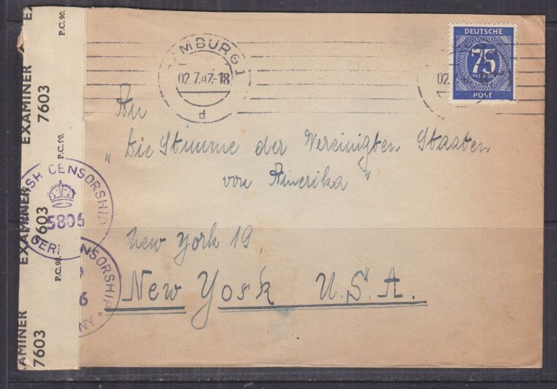 GERMANY, ALLIED ZONE, 1947 Censored cover, Hamburg to USA, 75pf.