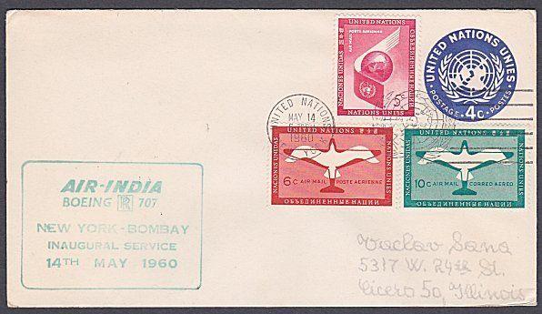 USA UN FRANKING 1960 first flight cover NY to Bombay India..................7175