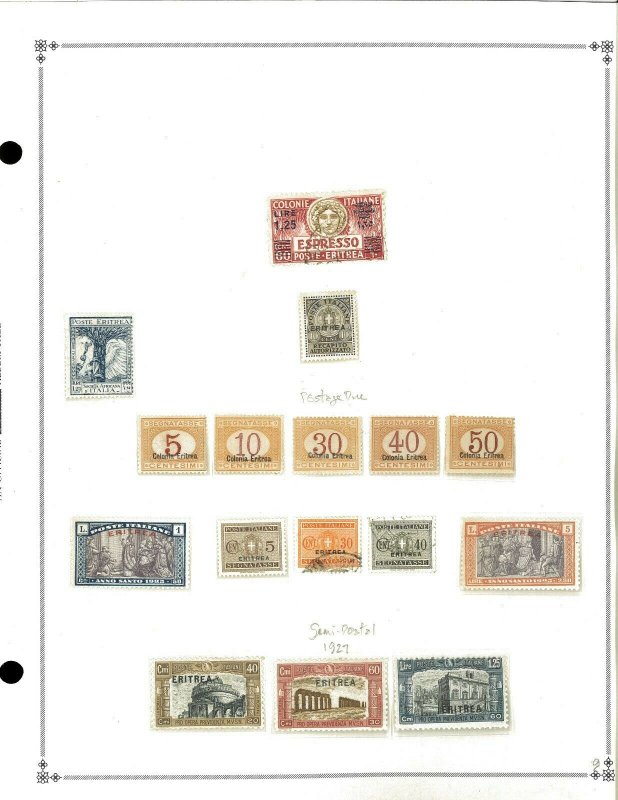 Eritrea 1892-1934 Mint in Mounts & Used Hinged on Scott International Pages.