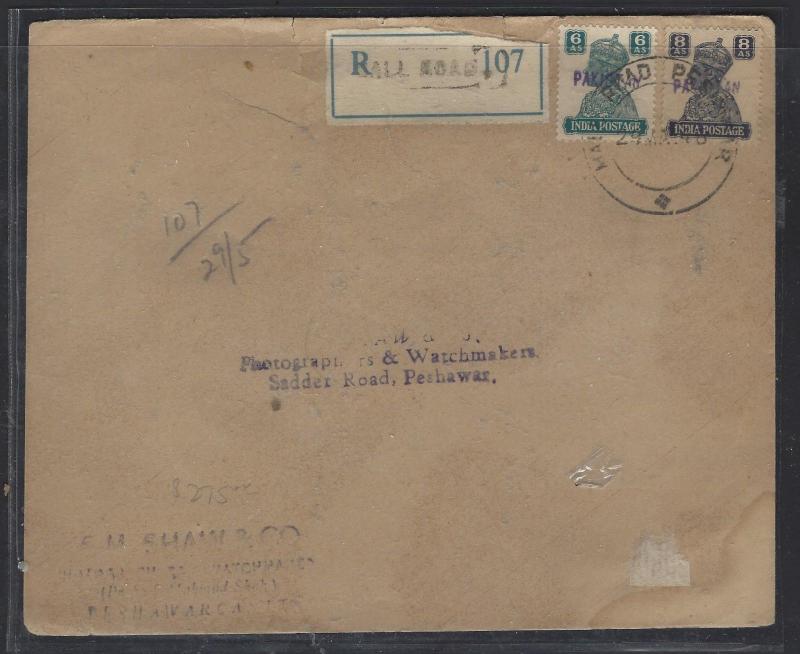 PAKISTAN LOCAL HANDSTAMPS (P2710B) KGVI 6A+8A REG COVER TO PESHAWAR VERY NICE