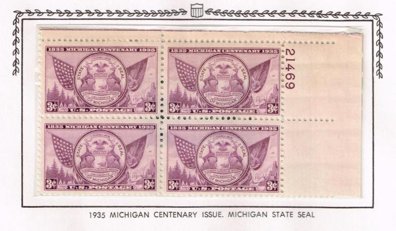 USA 775  Michigan Statehood -  Plate Block - MNH - F/VF CV$2.50