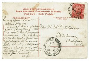 Straits Settlements 1912 Raffles Hotel cancel on postcard to the U.S.