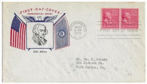 1939 Prexie Coil FDC, #841, 2c John Adams, Fidelity P-5, pair