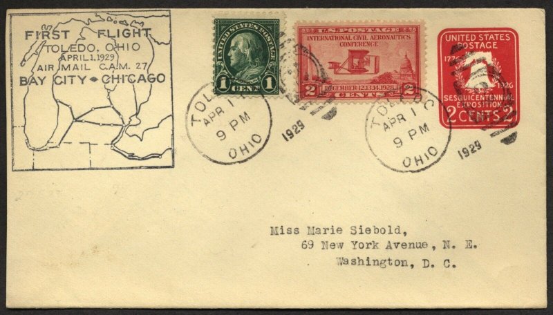 US U522 stamped envelope with 649 on 1929 First Flight Toledo-Bay city Chicago