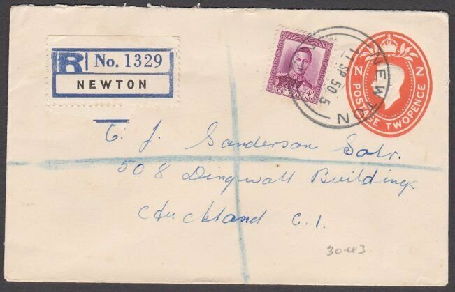 NEW ZEALAND 1950 GVI 2d envelope + 4d registered ex NEWTON..................B587