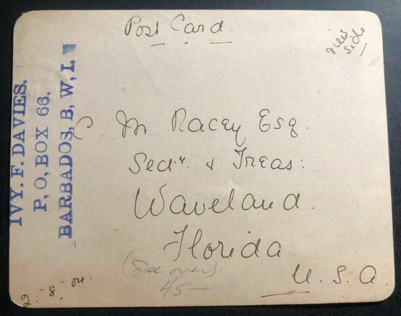 1904 Barbados Hand Painted Postcard Cover Waveland FL USA Ivy F Davies