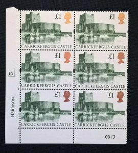 GB 1992 Harrison Carrickfergus Castle £1 Green Plate 1D Block of 6 never hinged