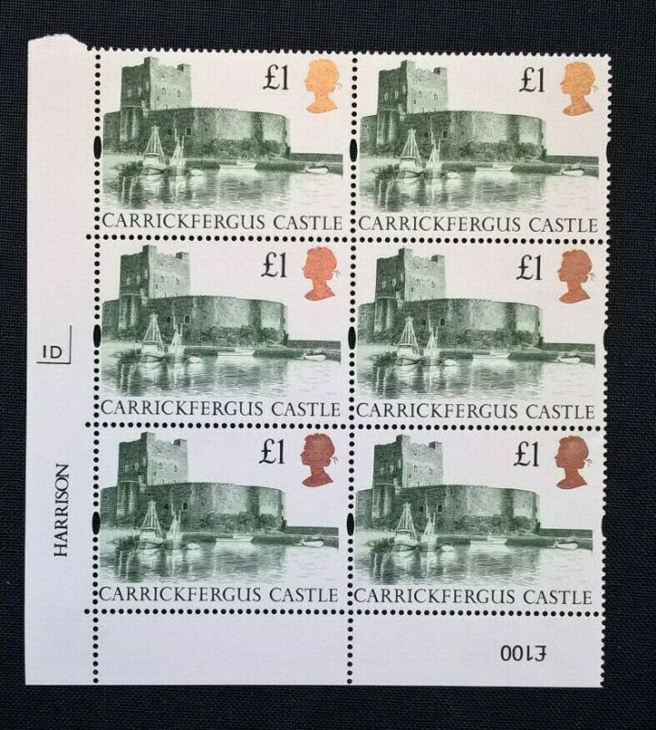 GB 1992 Harrison Carrickfergus Castle £1 Green Plate 1D Block of 6 never hinged